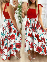 Frauen Maxikleid Blumendruck Muster Rote Träger Ausschnitt Ärmellos Lace Up Polyester Casual Maxikleid