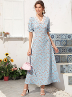 Frauen Maxikleider Baby Blue Kurzarm V-Ausschnitt Knöpfe Langes Kleid