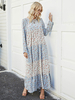 Frauen Maxikleider Blau Langarm Split Color Jewel Neck Polyester Retro Langes Kleid