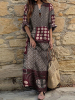 Frauen Maxikleider Burgunder Langarm Turndown Collar Printed Long Dress