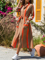 Frauen Maxikleider Chiffon Langarm Bedrucktes Turndown Collar Shirt Kleid