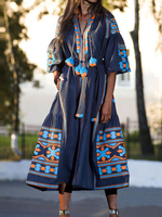 Frauen Maxikleider Dark Navy V-Ausschnitt Langarm Langes Kleid mit Blumendruck Fransen
