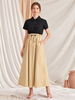 Frauen Maxikleider Deep Apricot Black Kurzarm Zweifarbiges Turndown-Halsband Polyester Langes Kleid