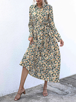 Frauen Maxikleider Gelb Turndown Kragen Langarm Bedrucktes Split Shirt Kleid
