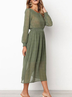 Frauen Maxikleider Green Jewel Neck Langarm Slim Fit Langes Kleid