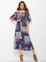 Frauen Maxikleider Halbarm Dunkle Marine Bedrucktes Böhmisches Kleid Viskose Langes Kleid