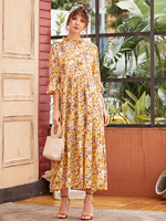 Frauen Maxikleider Halbarm Gelb Gelb Blumendruck Polyester Langes Kleid