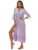 Frauen Maxikleider Halbarm Lilac mit V-Ausschnitt gestickte Unregelmäßige Seide wie bodenlangen Kleid