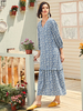 Frauen Maxikleider Hell Himmelblau 3/4 Länge Ärmel Blumendruck V-Ausschnitt Polyester Langes Kleid