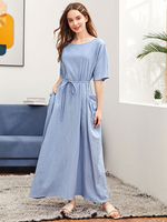 Frauen Maxikleider Hell Himmelblau Kurzarm Juwelenhals Polyester Baumwolle Langes Kleid