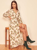 Frauen Maxikleider Kurzarm Aprikose Blumendruck Polyester Langes Kleid