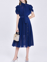 Frauen Maxikleider Kurzarm Blue High Collar Chiffon Layered Sheer Long Dress