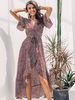 Frauen Maxikleider Kurzarm Burgunder V-Ausschnitt Asymmetrisches Polyester Langes Kleid