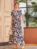 Frauen Maxikleider Kurzarm Dark Navy Blumendruck Jewel Neck Long Dress