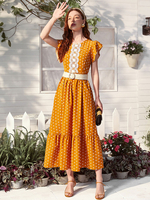 Frauen Maxikleider Kurzarm Gelb Polka Dot Jewel Neck Polyester Langes Kleid