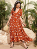 Frauen Maxikleider Kurzarm Oragnge Rot Blumendruck V-Ausschnitt Polyester Langes Kleid