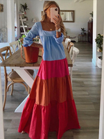 Frauen Maxikleider Langarm Blaue Farbe Block Jewel Neck Polyester Maxikleid