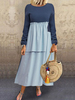 Frauen Maxikleider Langarm Dark Navy Color Block Jewel Neck Shift Layered Baumwolle Bodenlanges Kleid