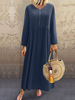 Frauen Maxikleider Langarm Dark Navy V-Ausschnitt Buttons Layered Cotton Bodenlanges Kleid