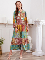 Frauen Maxikleider Langarm Flora Printed Jewel Neck Polyester Langes Kleid