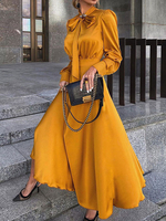 Frauen Maxikleider Langarm Gelbes Juwel Hals Hals Polyester Langes Kleid