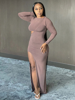 Frauen Maxikleider Langarm Kaffee Braun Juwel Halsausschnitt Bodycon Unregelmäßiges Polyester Langes Kleid