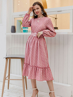 Frauen Maxikleider Langarm Pink Polka Dot Polyester Langes Kleid