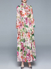 Frauen Maxikleider Langarm Rosa Blumendruck Hochkragen Chiffon Urlaubskleid Langes Kleid