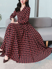 Frauen Maxikleider Langarm Rot Plaid V-Ausschnitt Maxi Chiffon Langes Kleid