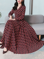 Frauen Maxikleider Langarm Rot Plaid V-Ausschnitt Maxi Chiffon Langes Kleid