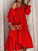 Frauen Maxikleider Langarm Roter Fledermaushals Maxi Asymmetrisches bodenlanges Kleid