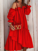 Frauen Maxikleider Langarm Roter Fledermaushals Maxi Asymmetrisches bodenlanges Kleid