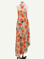 Frauen Maxikleider Orange Ärmelloses rückenfreies Rüschen Langes Kleid mit Blumendruck