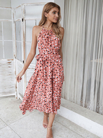 Frauen Maxikleider Pink Ärmelloses Polka Dot Polyester bodenlanges Kleid