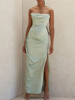 Frauen Maxikleider Ärmelloses Avocadogrünes trägerloses; geteiltes; offenes; schulterfreies Polyester-Bodycon-Langkleid