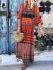 Frauen Maxikleider Rot gestaltete Ausschnitt Halbarm Bedruckte Schnür Boho Kleid
