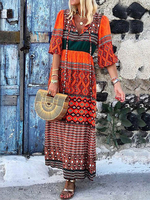 Frauen Maxikleider Rot gestaltete Ausschnitt Halbarm Bedruckte Schnür Boho Kleid