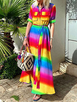 Frauen Maxikleider Rot Ombre Turndown Kragen Kurzarm Langes Schnürkleid