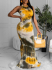 Frauen Maxikleider Yellow Jewel Neck Ärmellos bedrucktes ausgeschnittenes langes Kleid