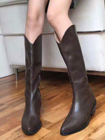Frauen Mid Calf Stiefel Kaffee Brown Leder spitzen Zehen Cowboy Booties