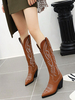Frauen Mid Calf Stiefel Kaffee Brown Pointed Toe Bestickte Patched Boots