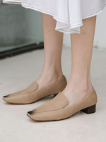 Frauen Mid-Low Heels Aprikose Square Toe Chunky Heel Slip On Pumps