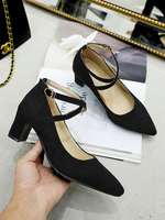 Frauen Mid-Low Heels Black Pointed Toe Chunky Heel Strap Verstellbarer Knöchelriemen Criss Cross Pumps