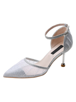 Frauen Mid-Low Heels Chic Pointed Toe Stöckelabsatz Silber Knöchelriemen Heels
