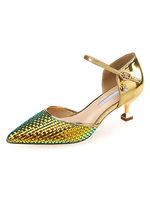 Frauen Mid-Low Heels irisierende Woven Pointed Toe Kätzchen Ferse Dorsay