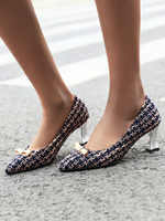 Frauen Mid-Low Heels Pointed Toe Chunky Heel Muster Slip-On Bows Black Pumps