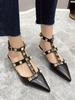 Frauen Mid Low Heels Schwarz Spitze Zehen Stiletto Absatz T Typ Verband Elegante Nieten Pumps