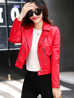 Frauen Moto Jacke Langarm Turndown Kragen PU Leder Reißverschluss Biker Jacke