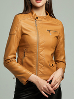 Frauen Motorradjacke Leder Stehkragen Langarm Winterjacke