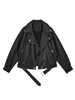 Frauen Motorradjacke Schwarz Turndown Kragen Langarm Leder kurze Jacken